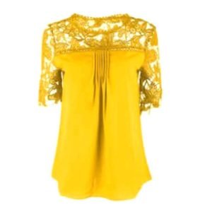 Chiffon Lace Floral Shirts Pullovers Plus Size Blouse (Yellow) - (5XL)